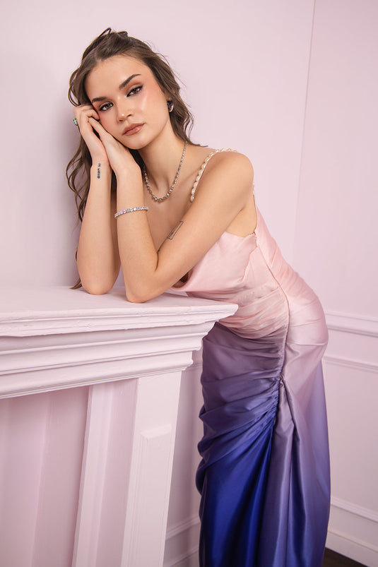 Twilight Bloom Ombre Satin Draped Slip Dress