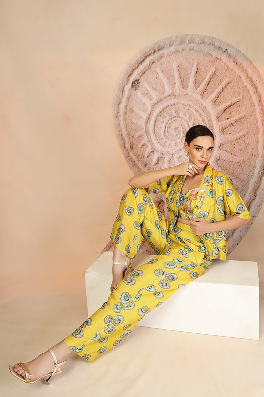 Vibrant Yellow 3-Piece Muslin Co-ord with Coral Print & Pearl Beadwork