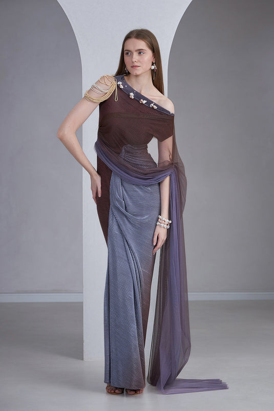 Vintage Mauve & Lavender Grey Ombre Draped Gown