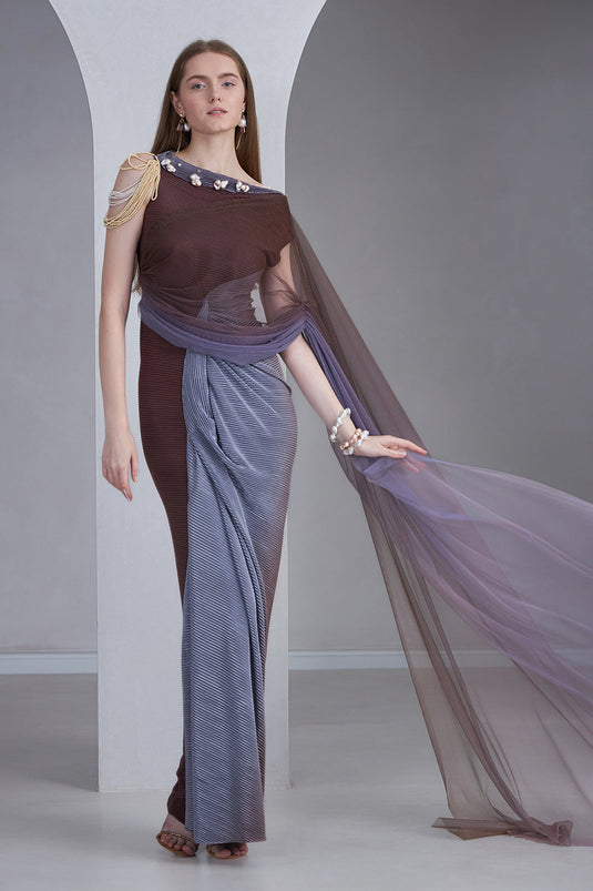 Vintage Mauve & Lavender Grey Ombre Draped Gown