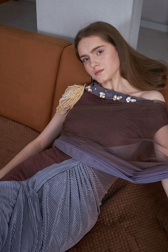 Vintage Mauve & Lavender Grey Ombre Draped Gown