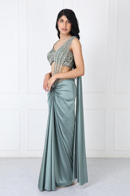 Viridian Green Drape Saree With Embroidered Blouse