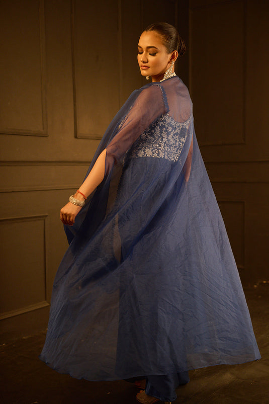 White Embellished Blue Chiffon Drape Skirt and Top Set With Organza Cape