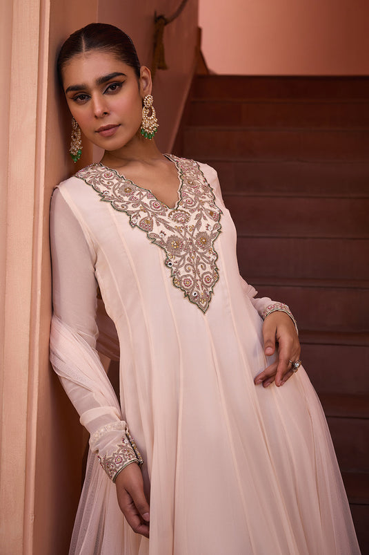 White embroidered anarakali gown with dupatta