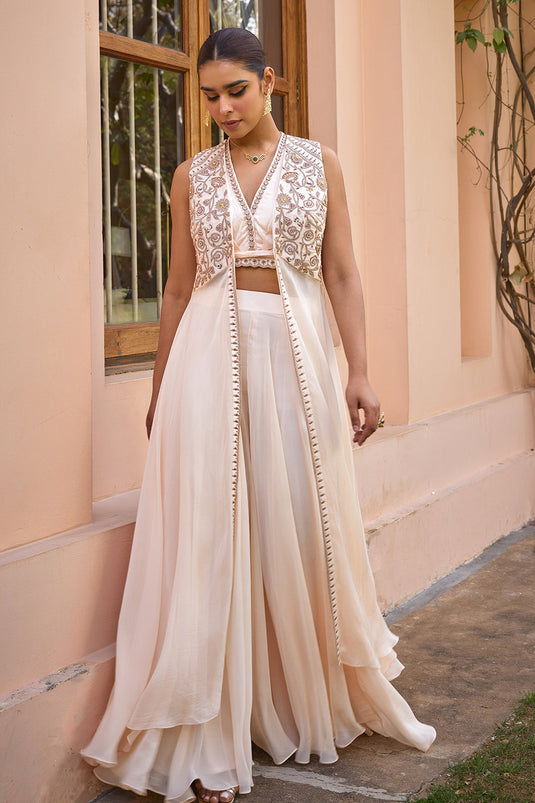 White embroidered cape and sharara set with drape blouse