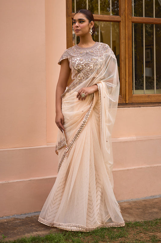 White embroidered saree set