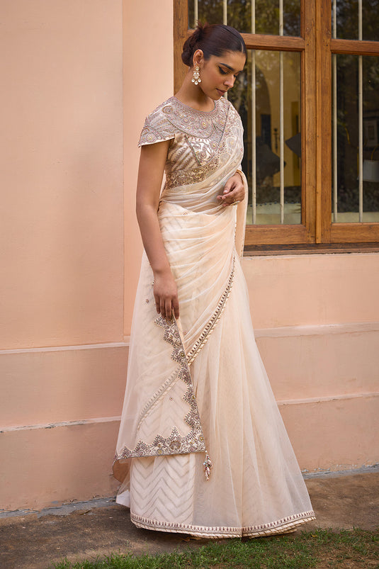 White embroidered saree set