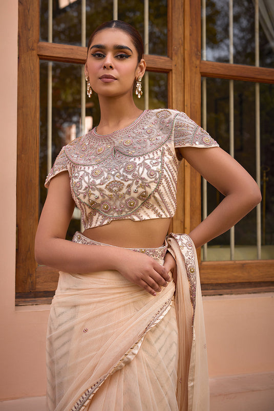 White embroidered saree set