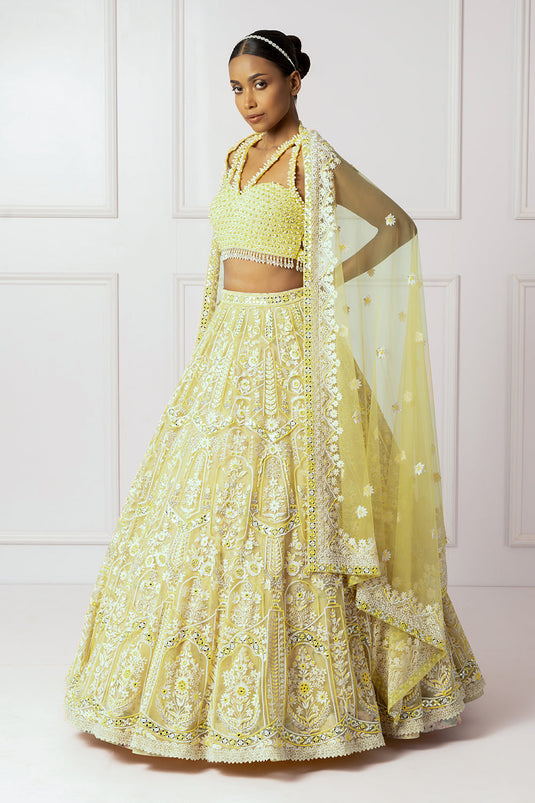 Yellow and ivory floral lehenga