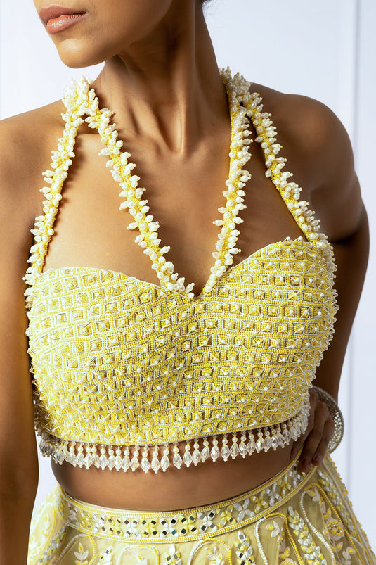 Yellow and ivory floral lehenga