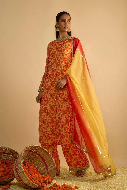 Yellow and Orange Floral Printed Hand Embroidered Kurta Set in Georgette with Shaded Chitta work Organza Dupatta
