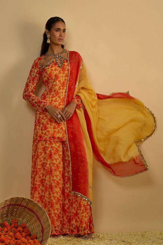 Yellow and Orange Floral Printed Hand Embroidered Short Kurta Set in Georgette with Shaded Chitta work Organza Dupatta