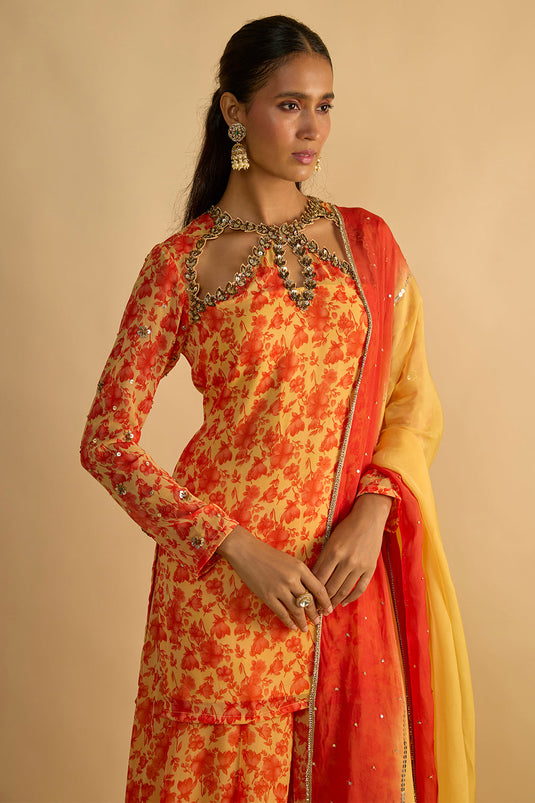 Yellow and Orange Floral Printed Hand Embroidered Short Kurta Set in Georgette with Shaded Chitta work Organza Dupatta
