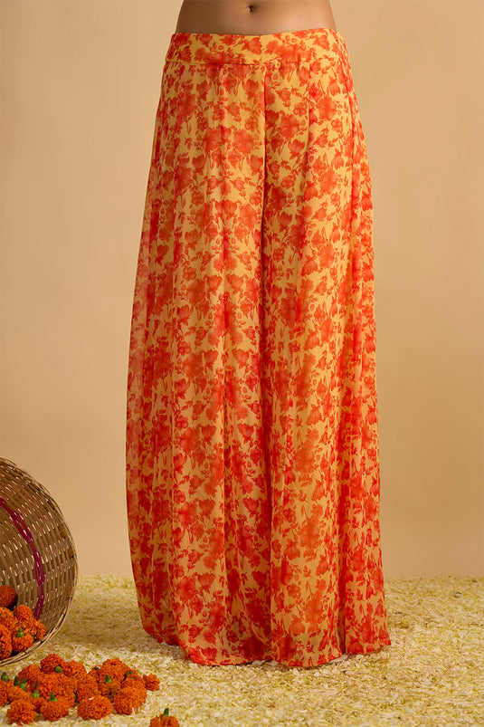 Yellow and Orange Floral Printed Hand Embroidered Short Kurta Set in Georgette with Shaded Chitta work Organza Dupatta