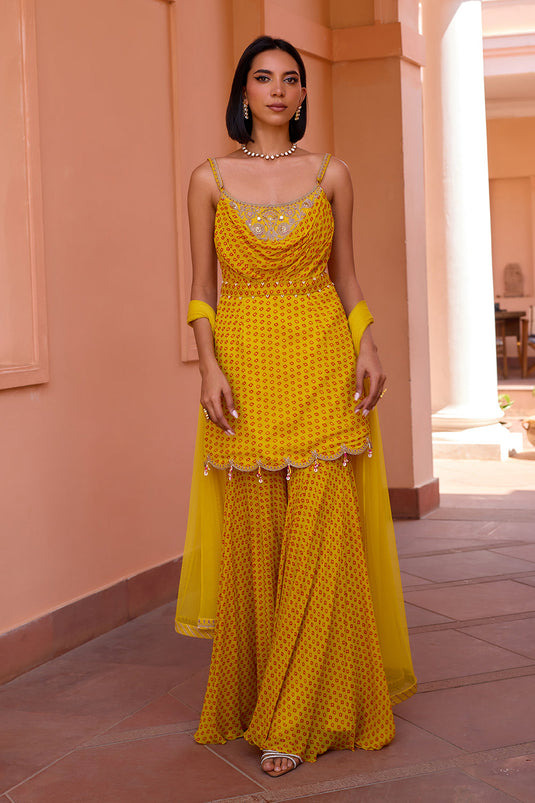 Yellow bandhani embroidered sharara set with dupatta