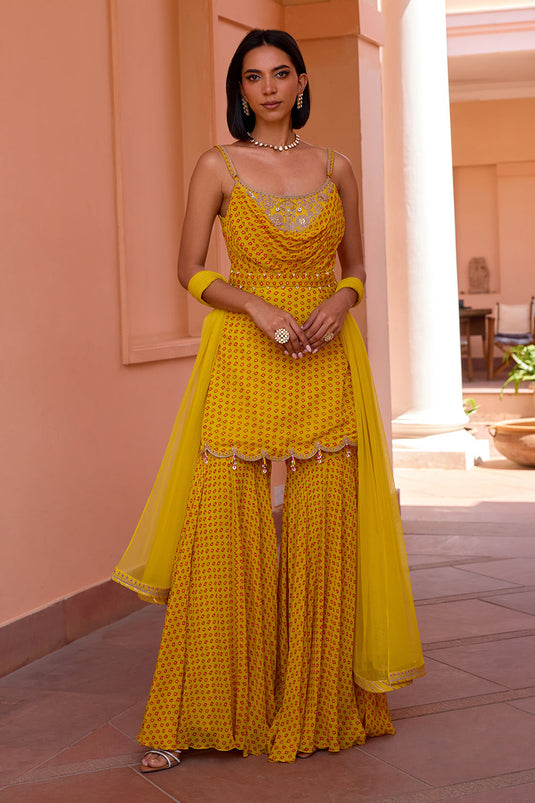 Yellow bandhani embroidered sharara set with dupatta