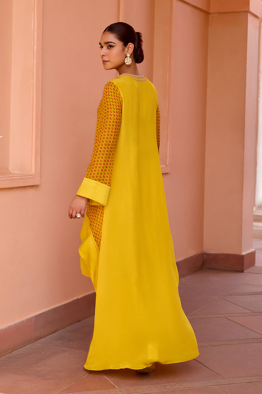 Yellow bandhani layered and embroidered kurta set with dupatta