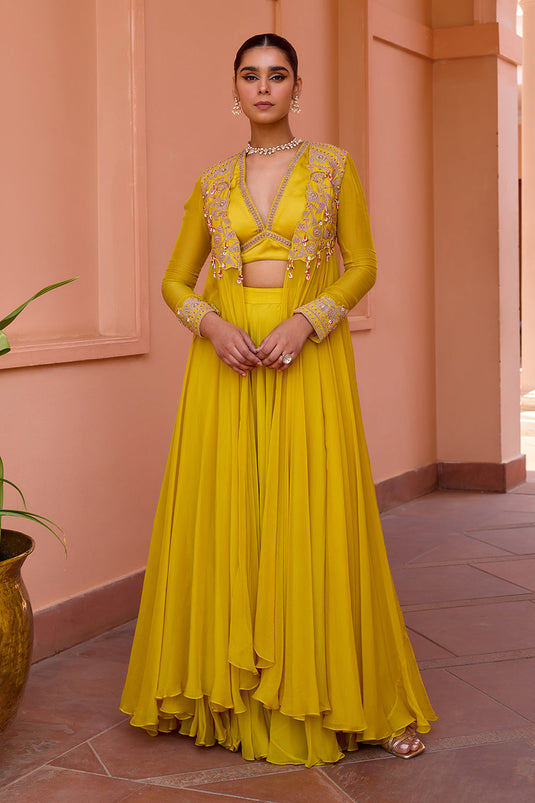 Yellow embroidered cape and sharara set with top