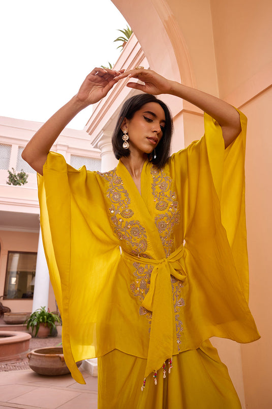 Yellow embroidered kaftan top with drape skirt and belt