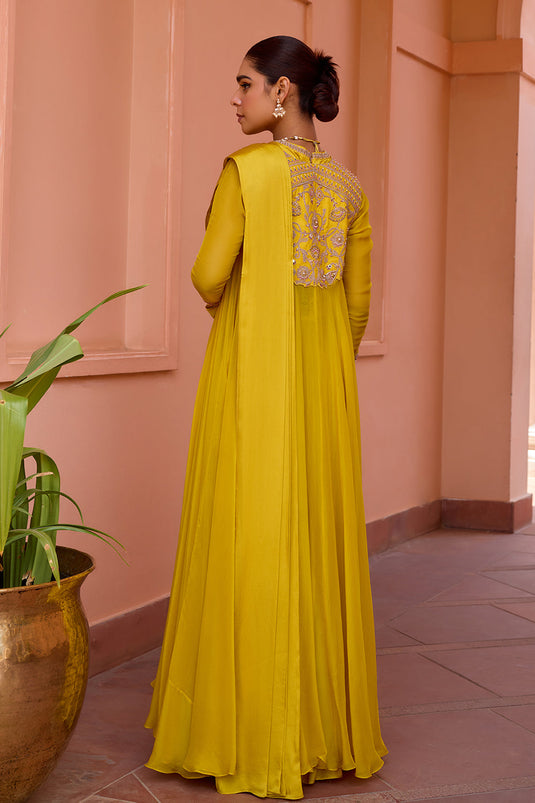 Yellow embroidered organza cape jacket with pre drape saree set