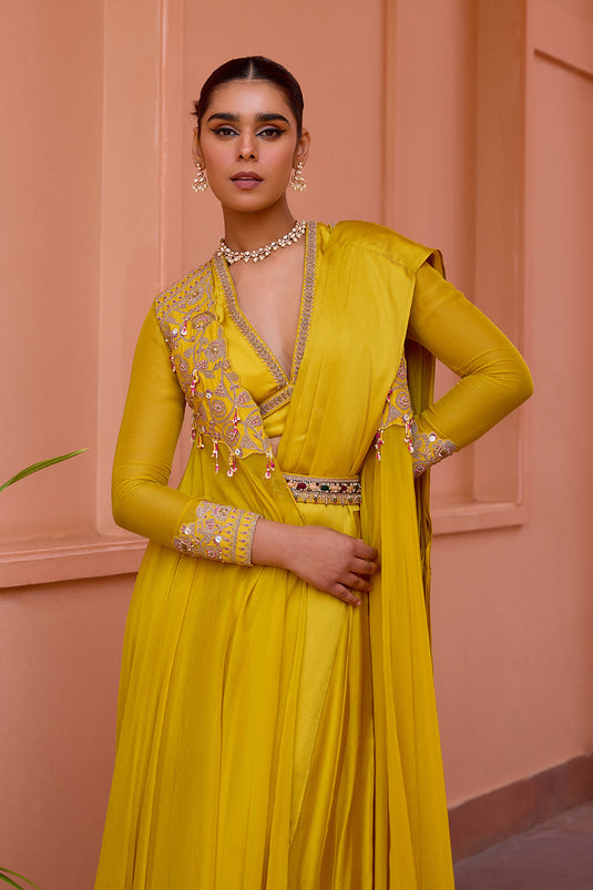 Yellow embroidered organza cape jacket with pre drape saree set