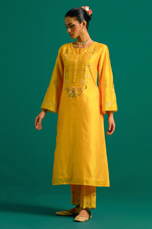 Yellow hand embroidered silk chanderi kurta set
