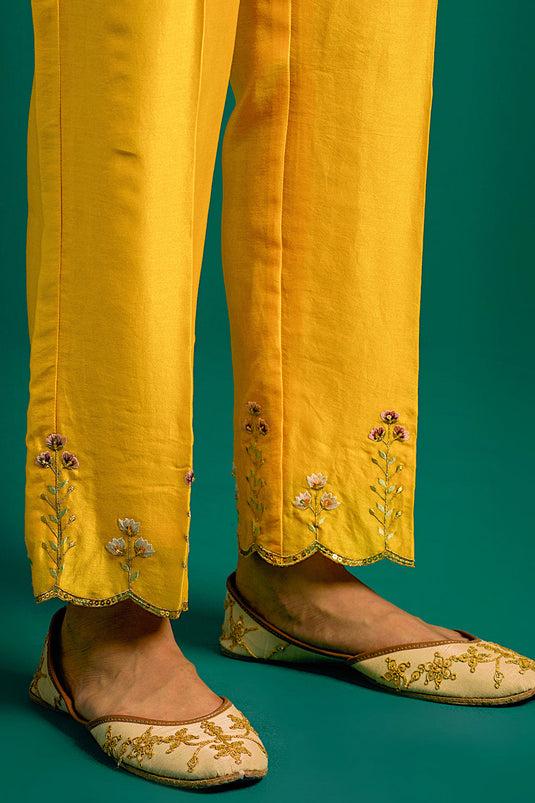 Yellow hand embroidered silk chanderi kurta set