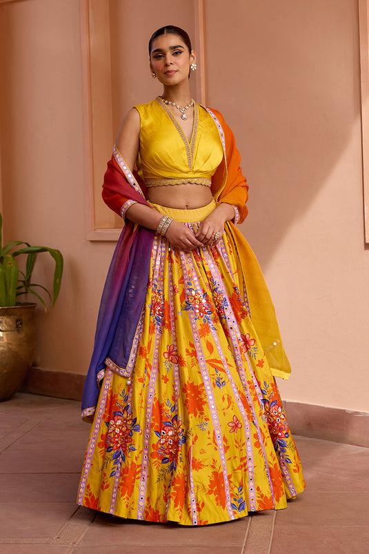Yellow printed and embroidered lehenga set