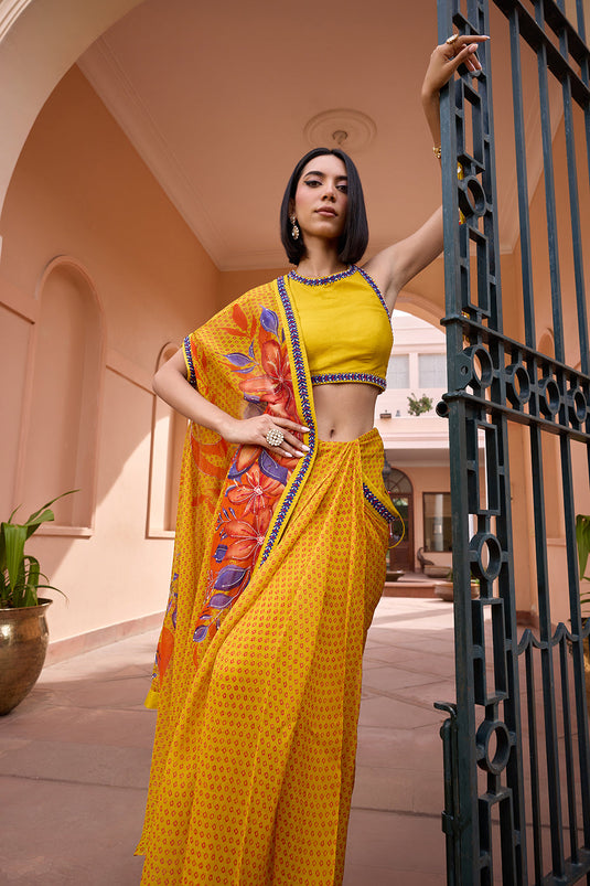 Yellow printed and embroidered pre stitched saree set