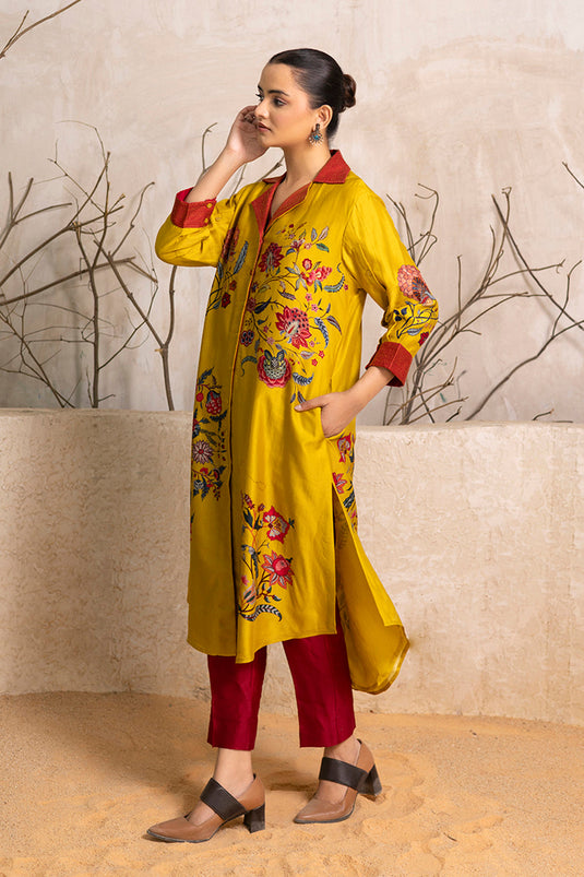 Yellow Silk Chanderi Chintz Printed Front Open Dress