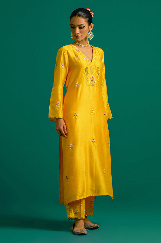 Yellow V neck hand embroidered silk chanderi kurta set