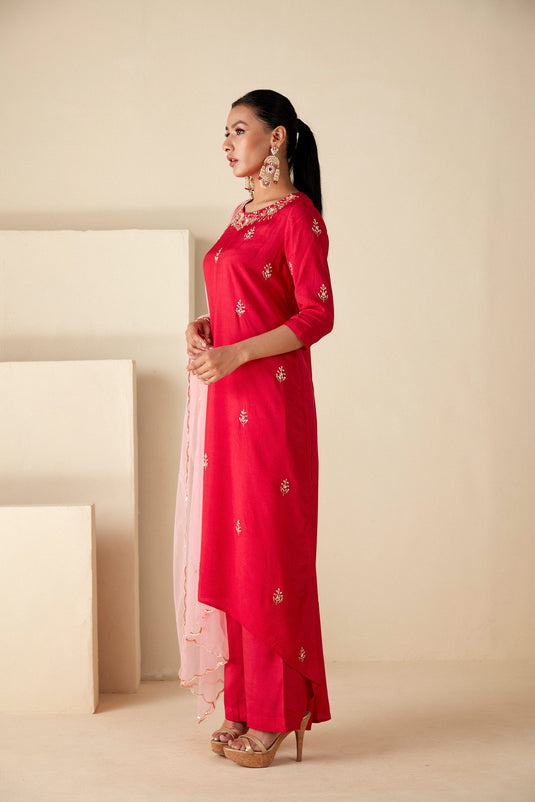 Red Hand Embroidered A-Line Suit Set