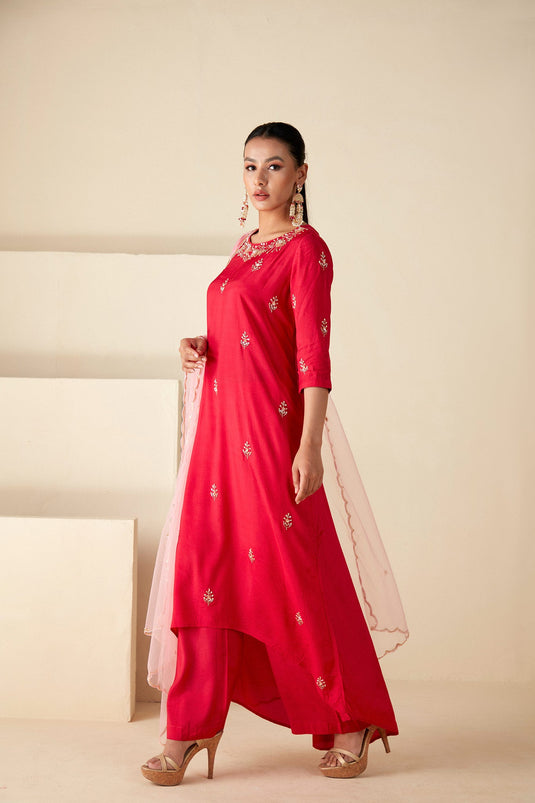 Red Hand Embroidered A-Line Suit Set