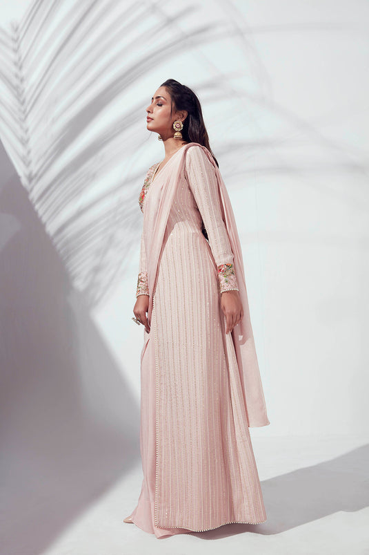 Pink Georgette Crepe Pre-Draped Saree Set