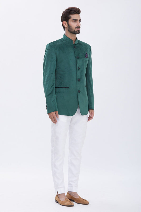 Classic Royal Velvet Bandhgala - Festive Green