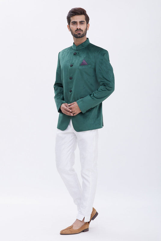 Classic Royal Velvet Bandhgala - Festive Green