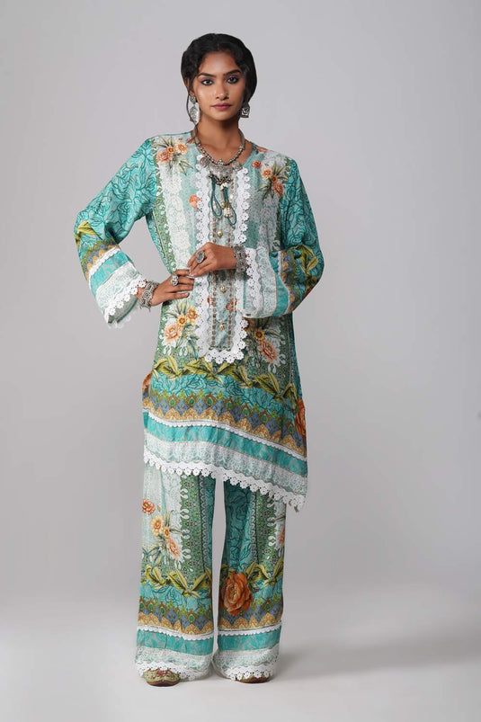Ishum Pastel Sage Handcrafted Cotton Muslin Suit Set with Embroidered Detailing