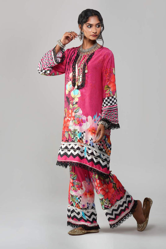 Ishum Fuchsia Fusion Printed Kurta in Cotton Muslin with Black Lace Detailing