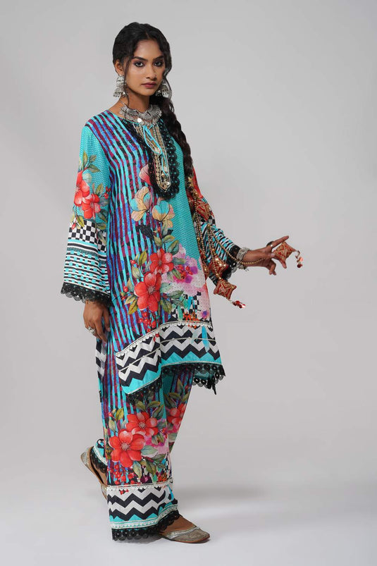 Ishum Teal Bloom Kurta with Artistic Florals in Cotton Muslin