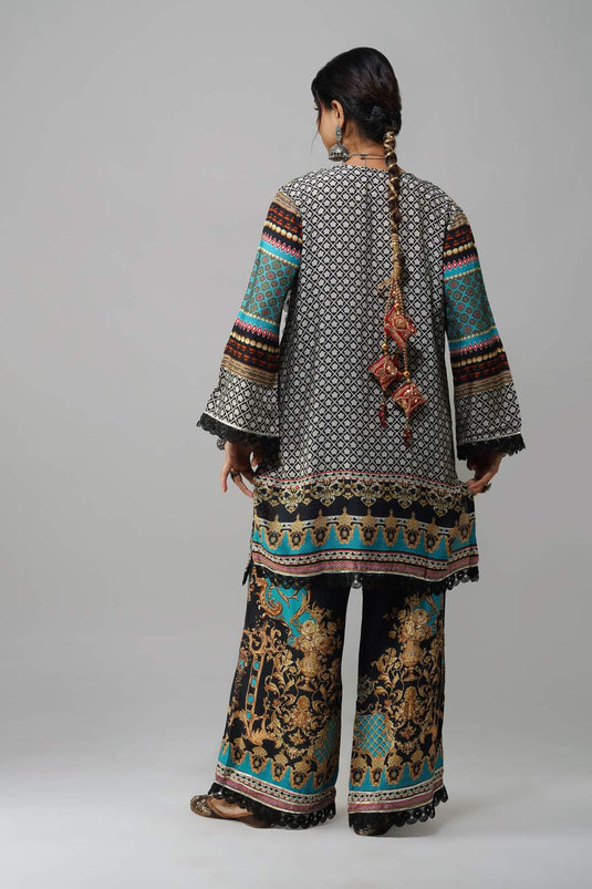 Ishum Boho Luxe Kurta in Teal & Black – Cotton Muslin Statement Wear