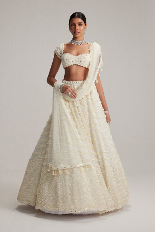 Off White Mirror and Pearl Drop Bridal lehenga set