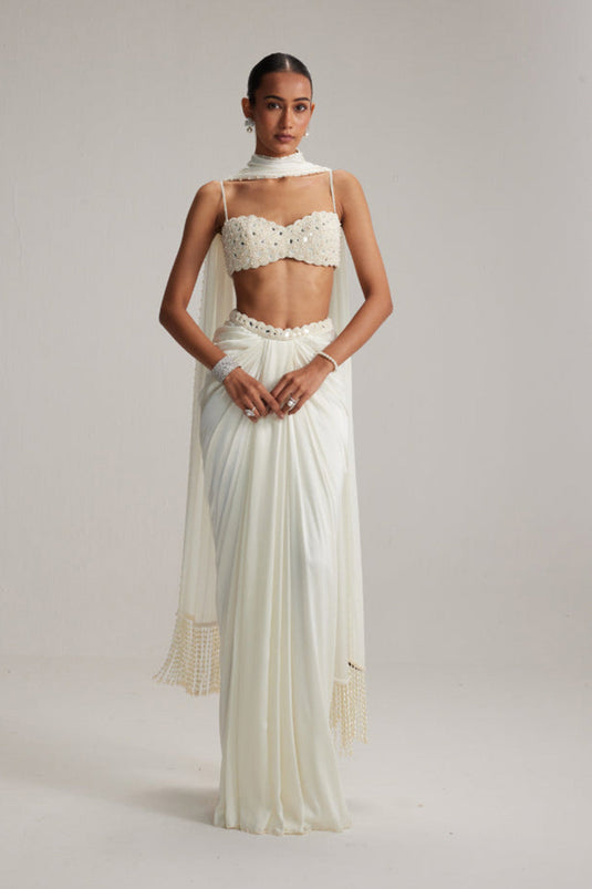 Off White Satin Draped Skirt Set