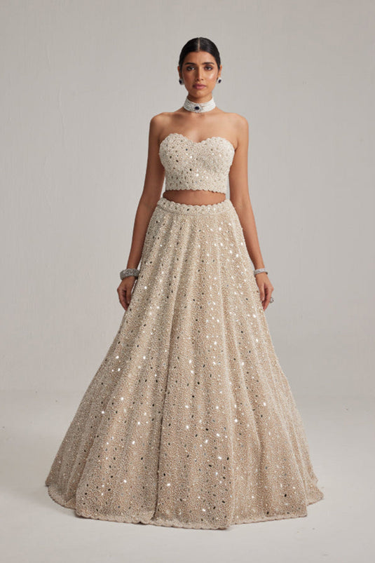 Light Beige Dense mirror and pearl Corset lehenga set