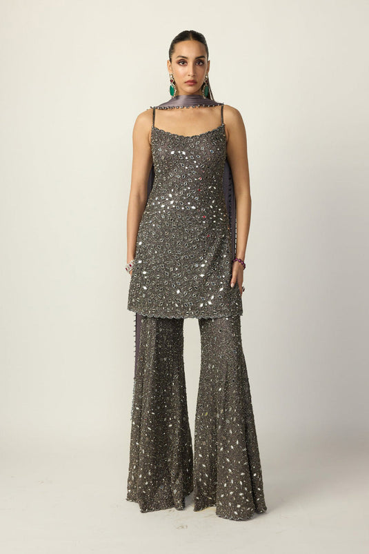 Metallic Grey Sharara With Kurta Set