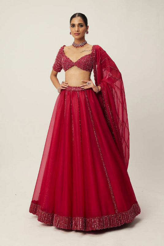 Ruby Red Organza Lehenga set
