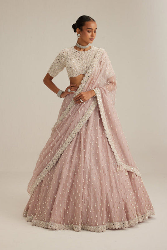 Ash Pink Pearl Drop Lehenga with high neck blouse