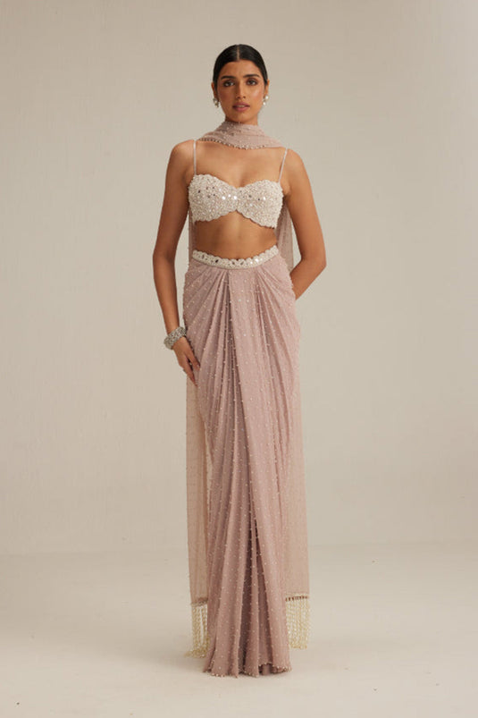 Ash pink Pearl Scattered draped skirt set