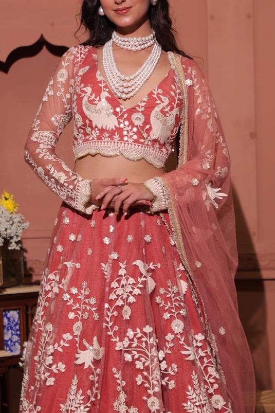 Rose Blush Embroidered Peacock Lehenga Set