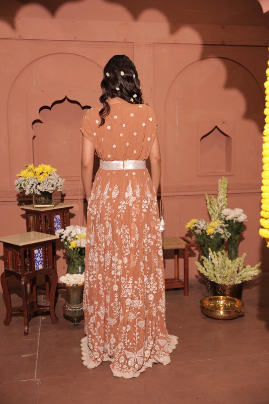 Mocha Blossom Embroidered Georgette Saree Set