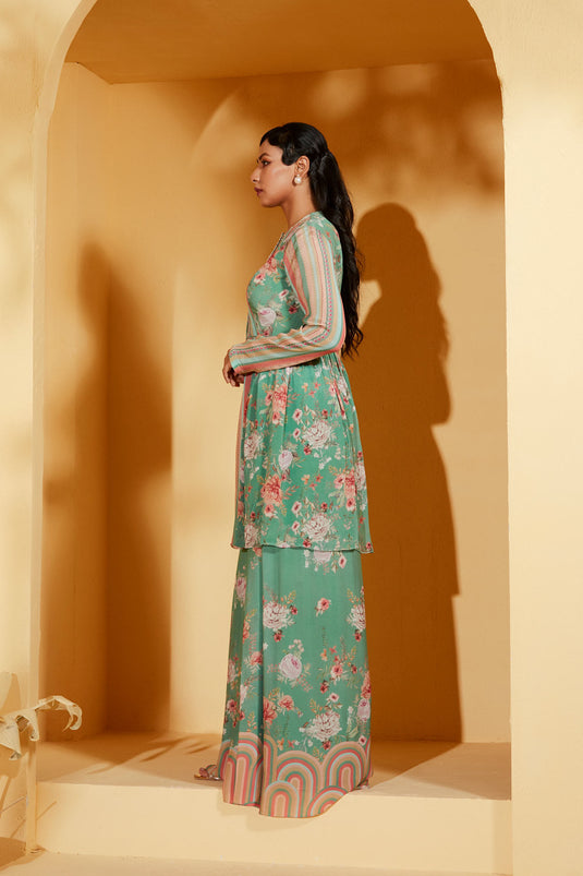 Green Printed peplum top with pants